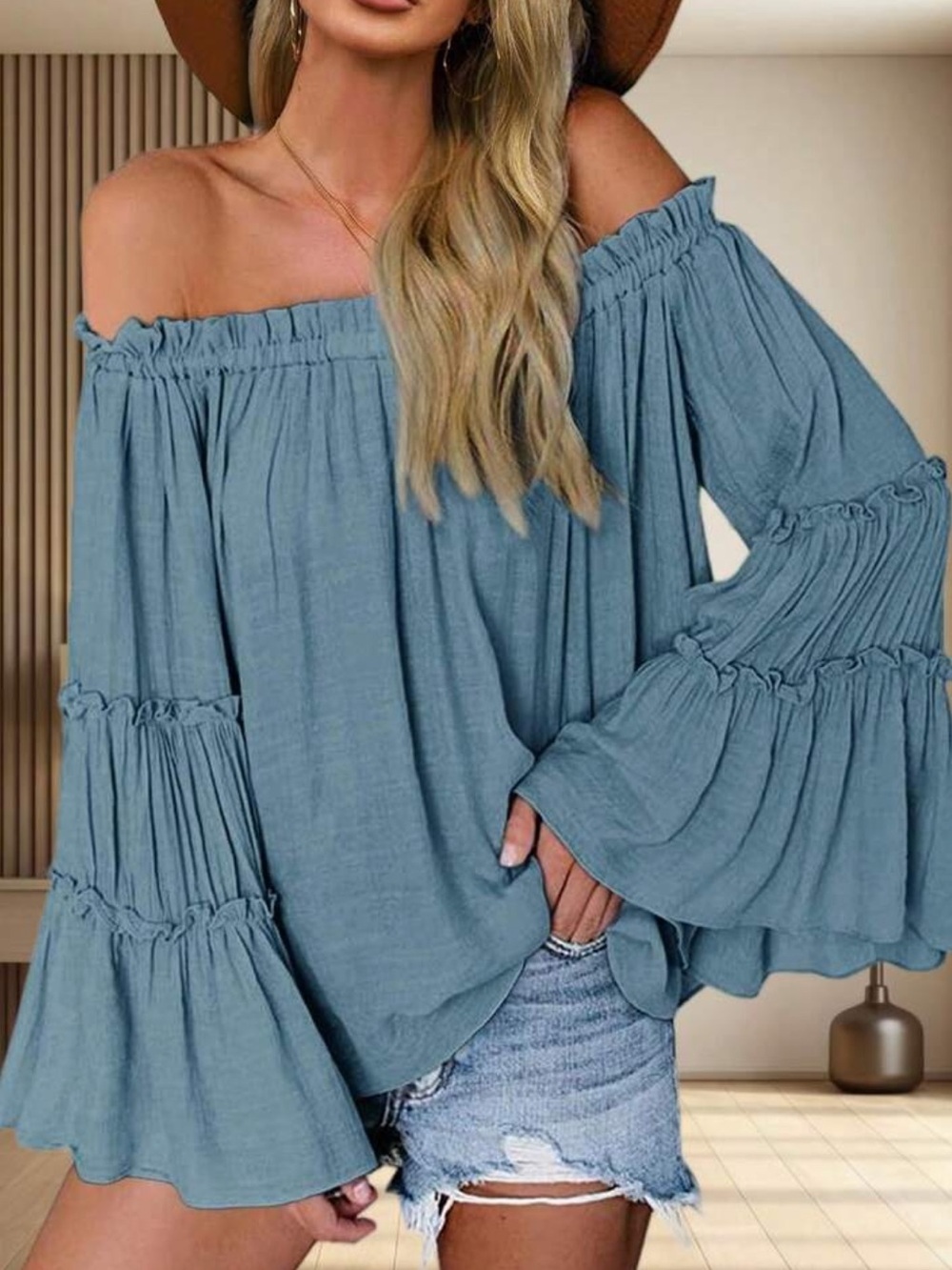 Off-Shoulder Blue Bell Sleeve Top - Womens